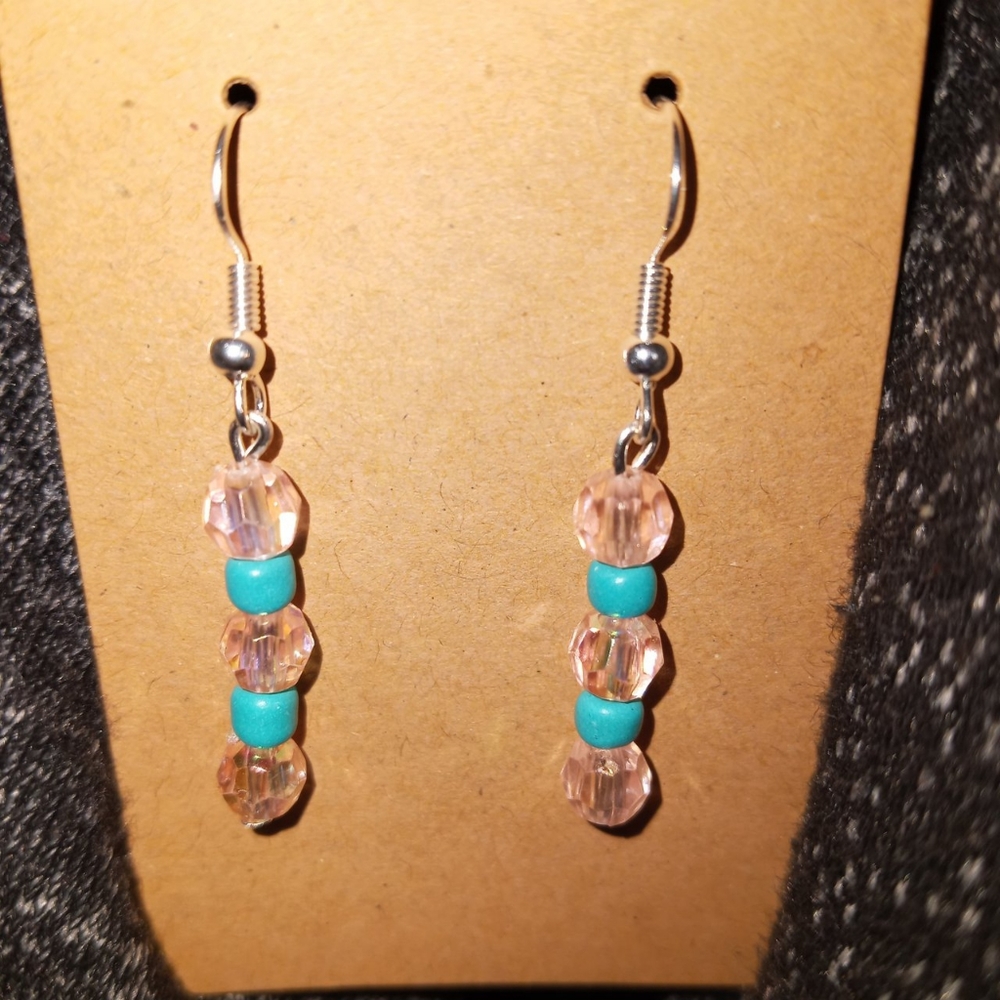 Hand Crafted Pink and aqua beaded statement earrings